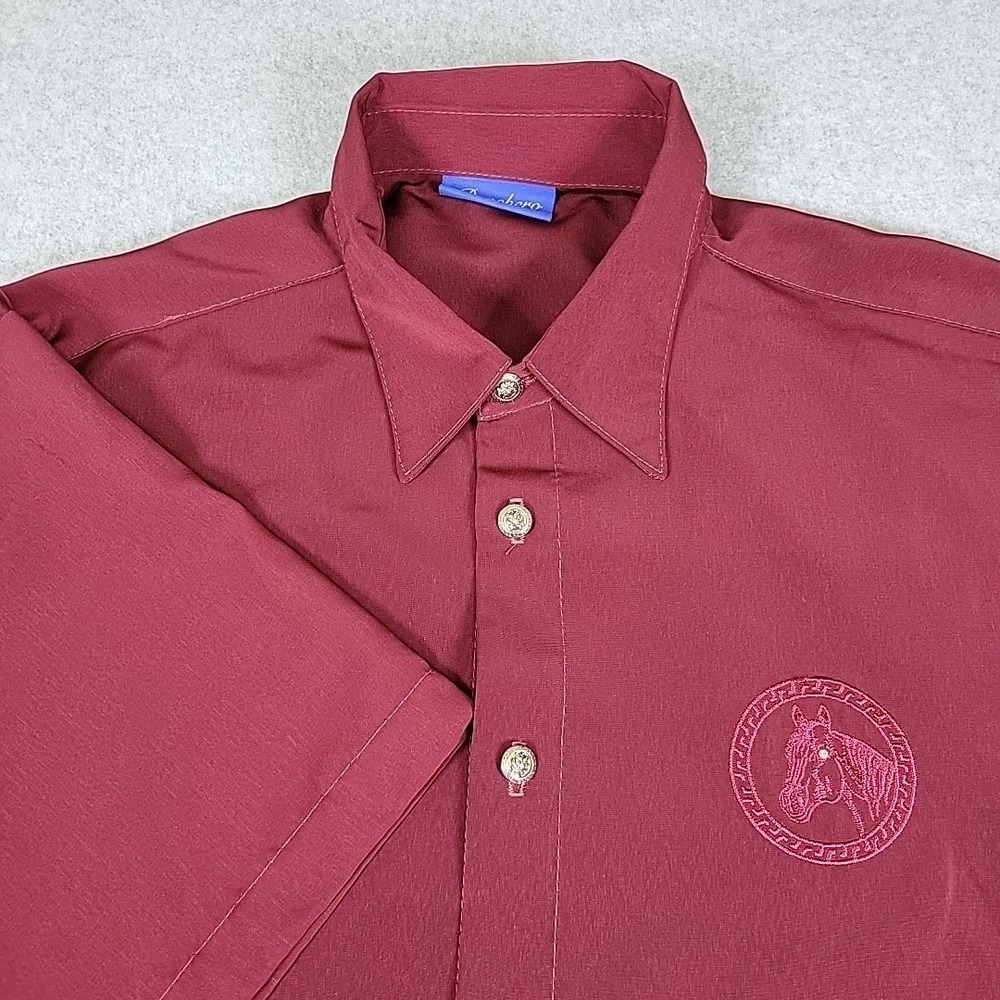 Vtg Ranchero Men XL Burgundy Short Sleeve Horse Embroidery Western Dress Shirt